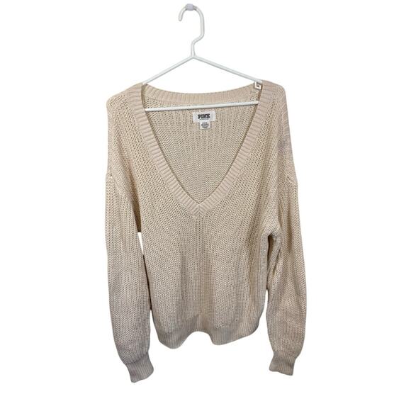 Pink Victoria’s Secret Sweater V-neck Long Sleeve Knit Pullover Cream Size M - Picture 1 of 5